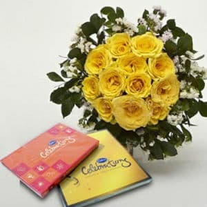 12 Yellow Roses Bouquet and Celebration Chocolates